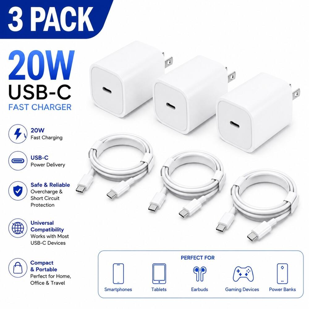 3PACK 20W USB-C Fast Charger Adapter PD 3.0 Adapter for iPhone Samsung Adapte3